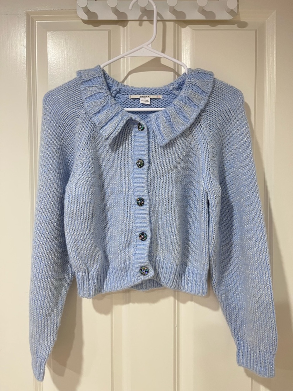 Kimchi Blue Light Blue Ruffled-Collar Cropped Cardigan Brand new
